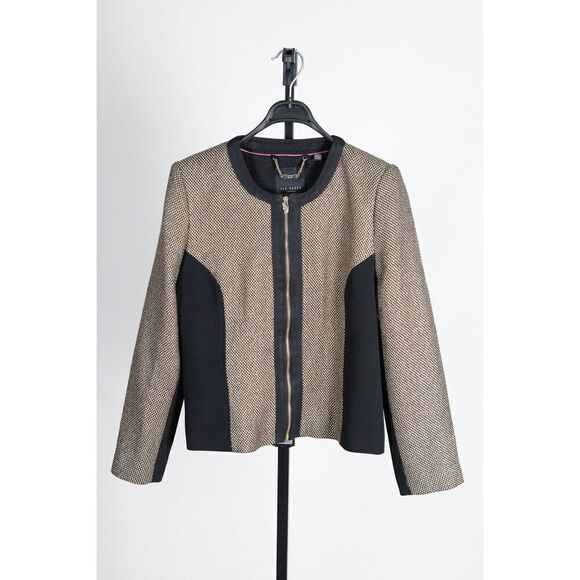NEW TED BAKER women’s gold sparkle boucle dressy blazer jacket zip size 2 - Picture 4 of 17